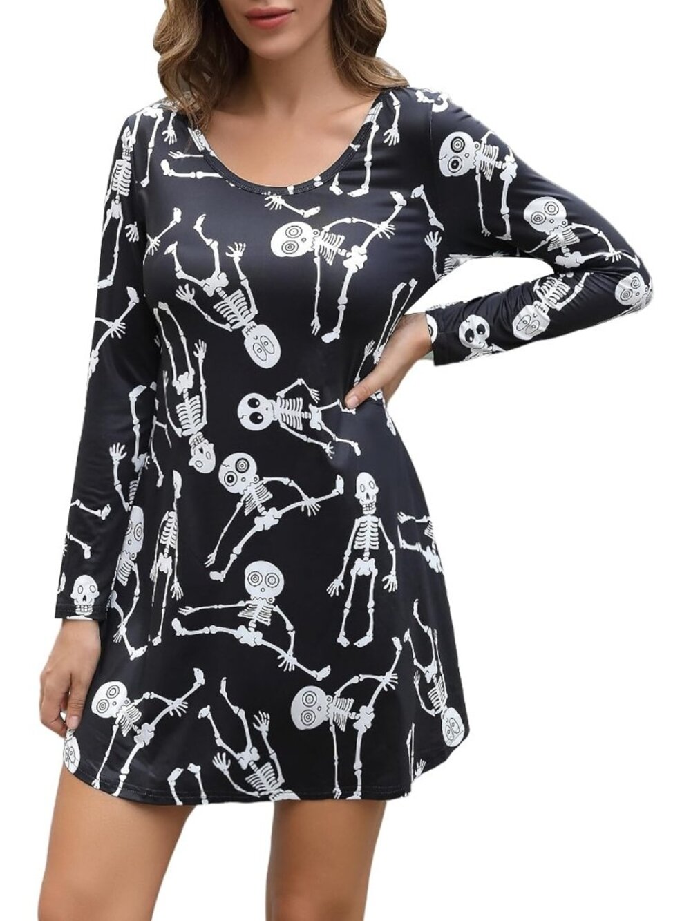 Women's Skeleton Halloween Long Sleeve Print Swing Short Cute Costume Dresses
